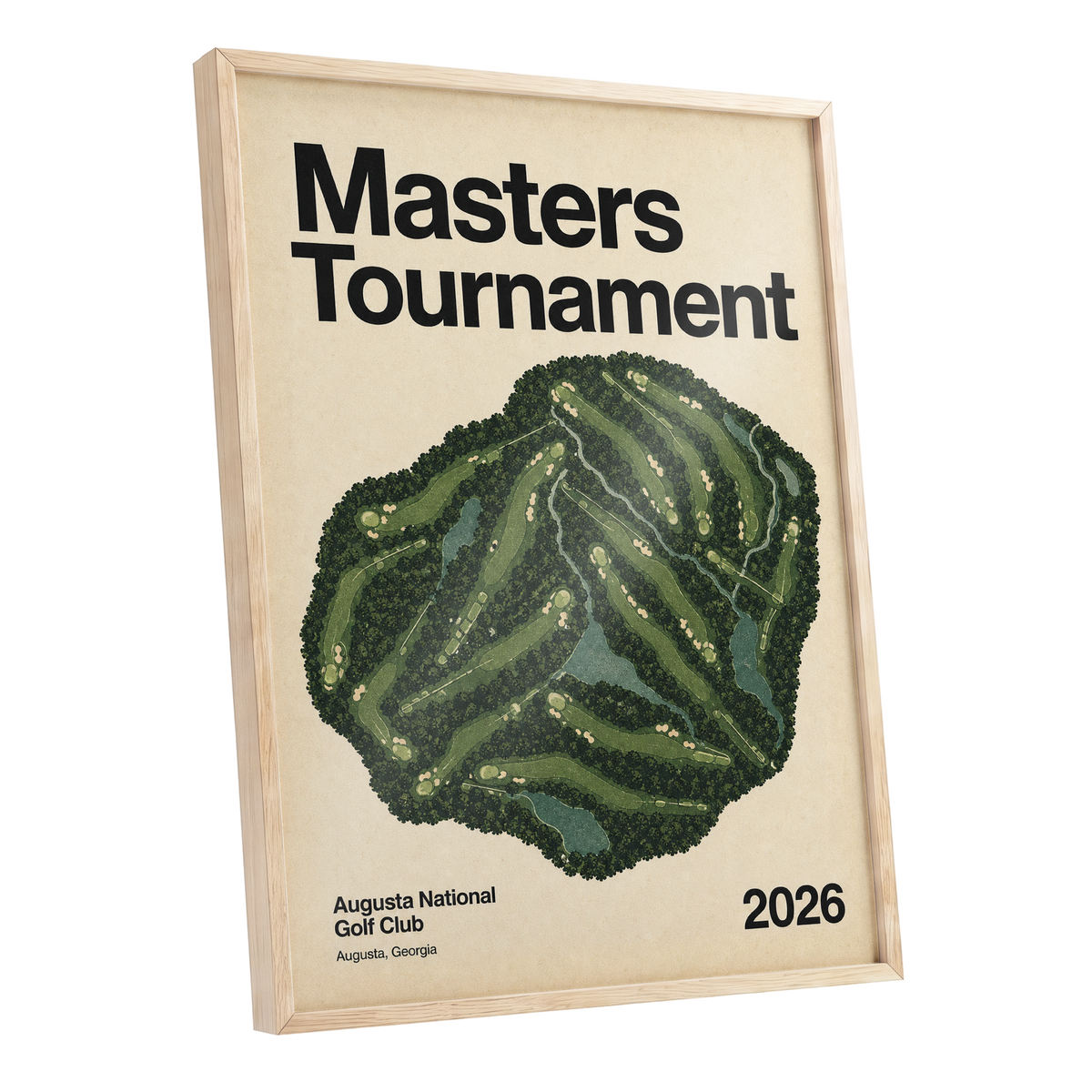Augusta Tournament Map, green, beige, black nature wall art shown as a oak framed poster wall art print