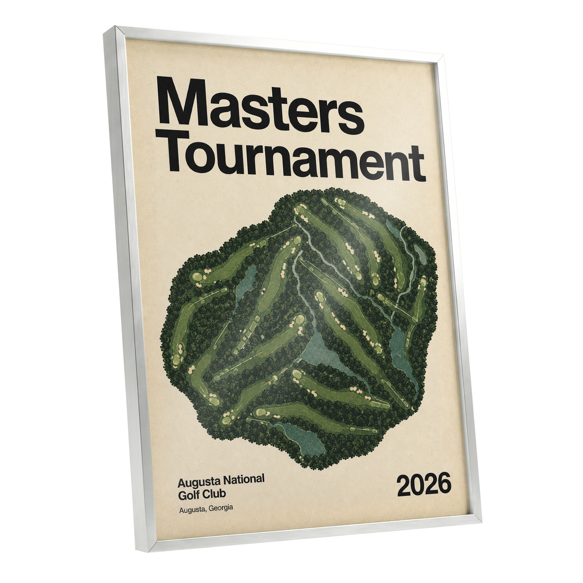 Augusta Tournament Map, green, beige, black nature wall art shown as a silver framed poster wall art print