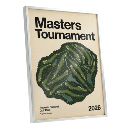 Augusta Tournament Map, green, beige, black nature wall art shown as a silver framed poster wall art print