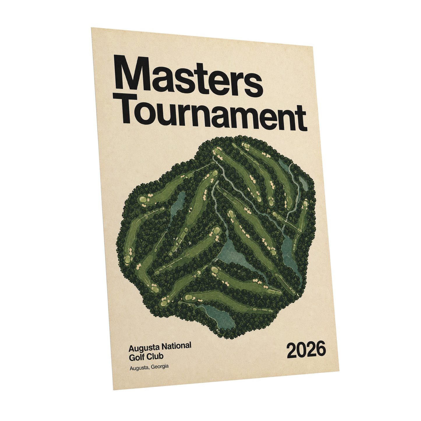 Augusta Tournament Map, green, beige, black nature wall art shown as a unframed poster wall art print