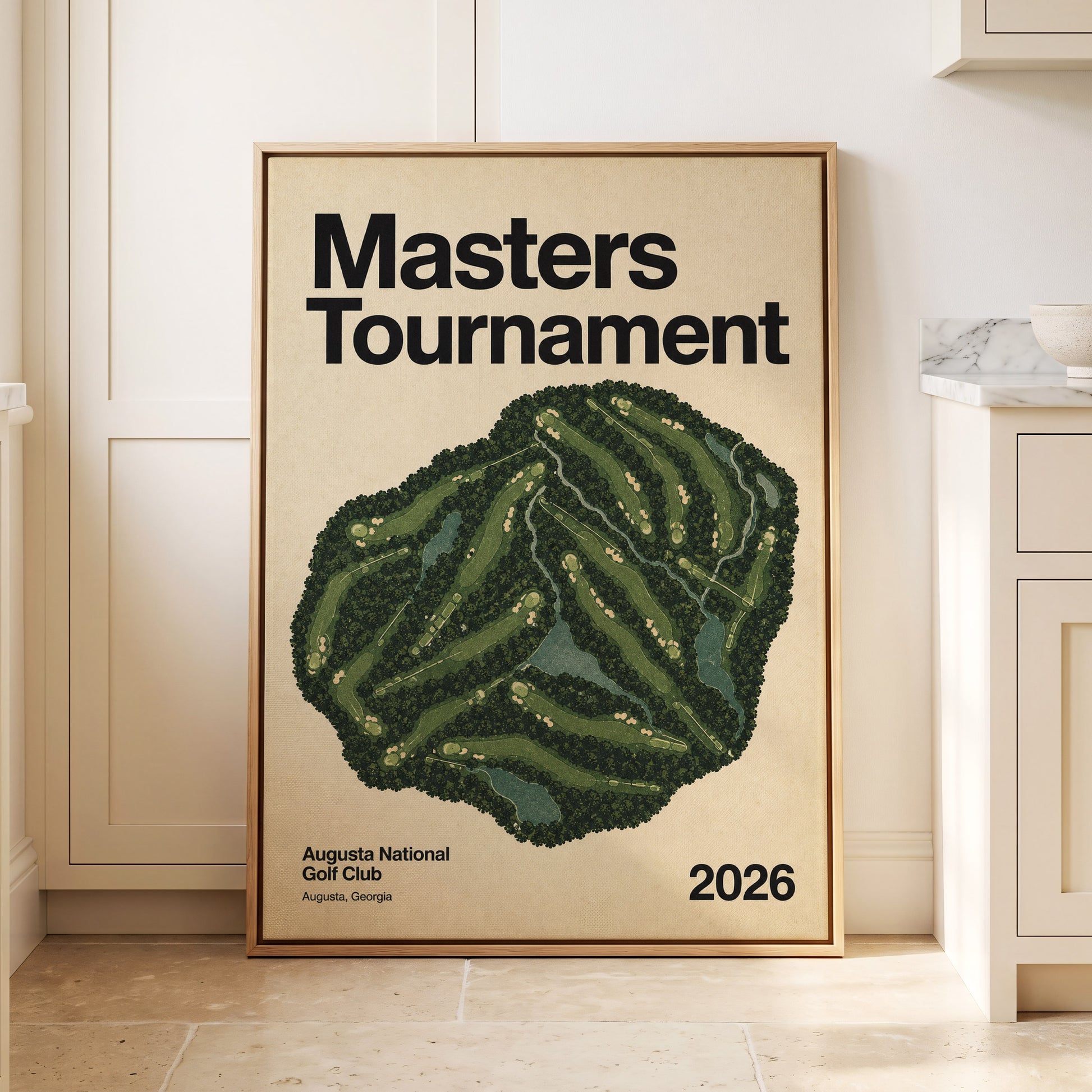 Augusta Tournament Map, green, beige, black nature wall art displayed in a styled interior, gallery view 2