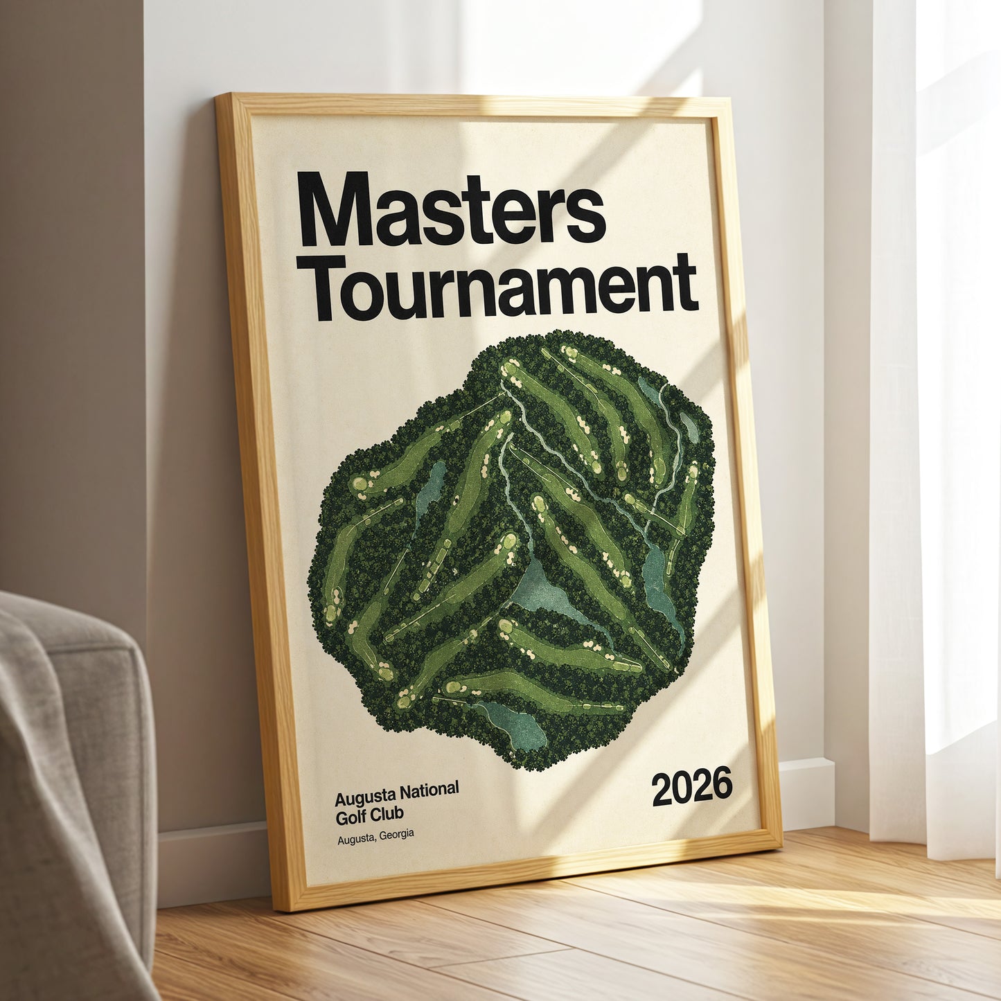 Augusta Tournament Map, green, beige, black nature wall art displayed in a styled interior, gallery view 3