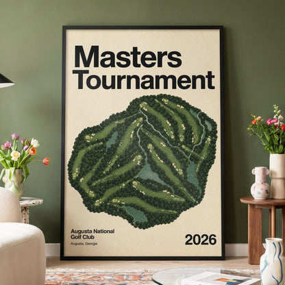 Augusta Tournament Map, green, beige, black nature wall art displayed in a styled interior, gallery view 5