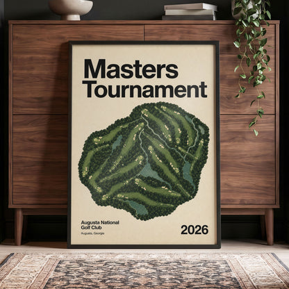 Augusta Tournament Map, green, beige, black nature wall art displayed in a styled interior, gallery view 6