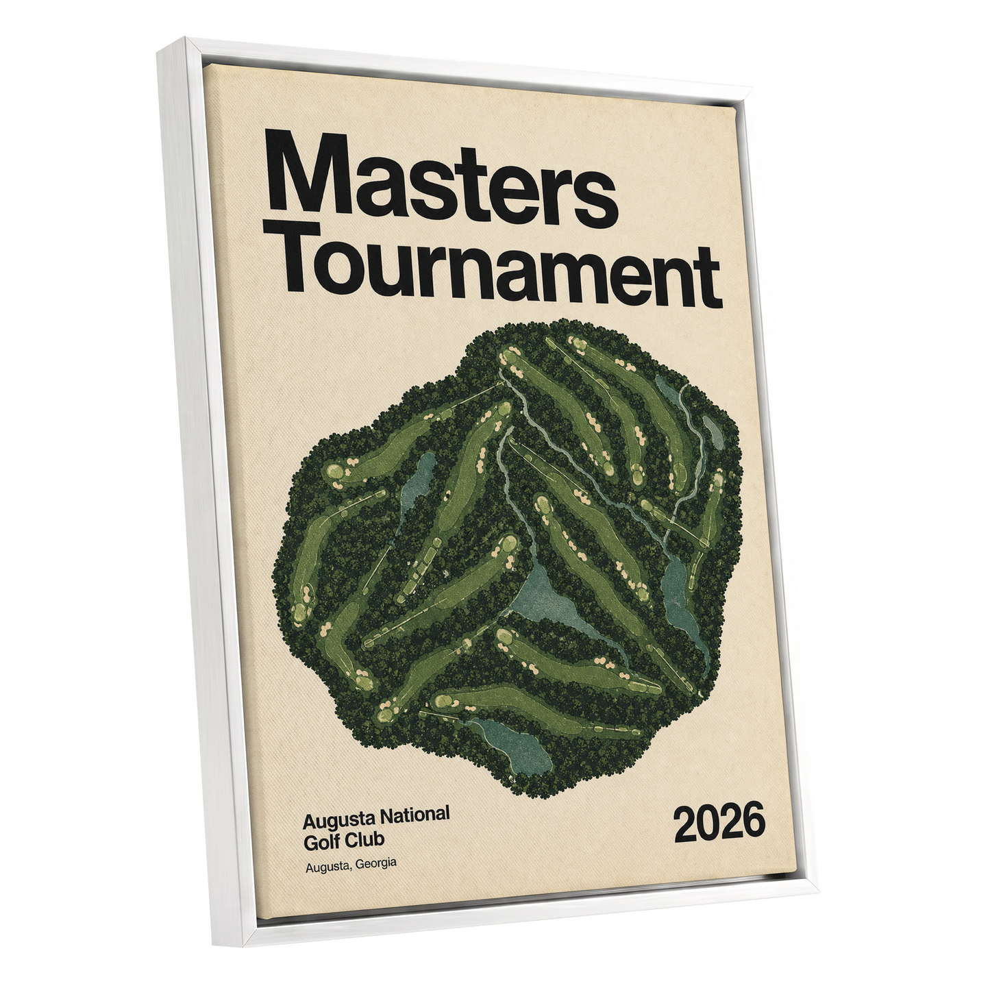 Augusta Tournament Map, green, beige, black nature wall art shown as a white framed canvas wall art
