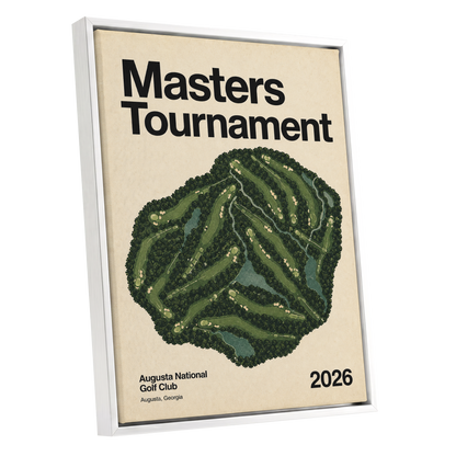 Augusta Tournament Map, green, beige, black nature wall art shown as a white framed canvas wall art