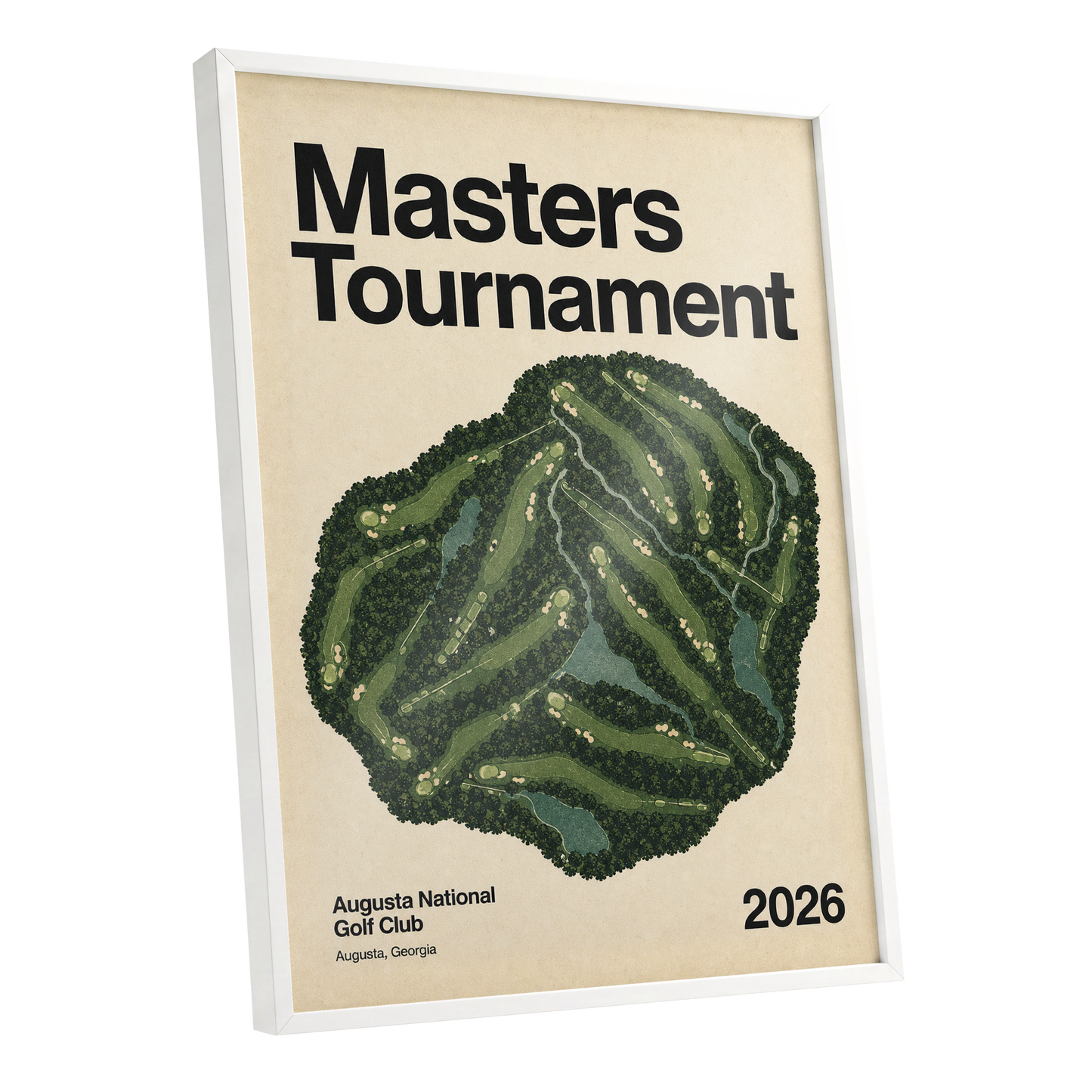 Augusta Tournament Map, green, beige, black nature wall art shown as a white framed poster wall art print