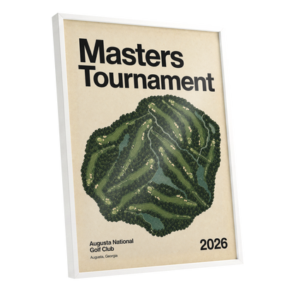 Augusta Tournament Map, green, beige, black nature wall art shown as a white framed poster wall art print
