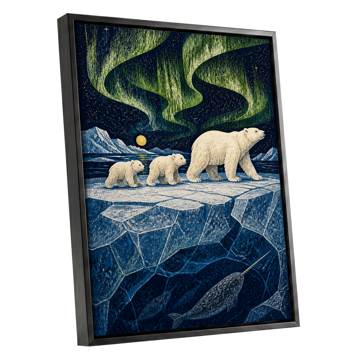 Aurora Icebound, blue, green, white nature wall art shown as a black framed canvas wall art