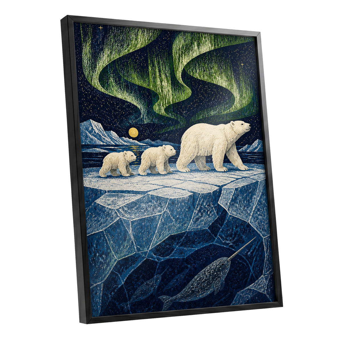 Aurora Icebound, blue, green, white nature wall art shown as a black framed poster wall art print