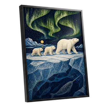 Aurora Icebound, blue, green, white nature wall art shown as a black framed poster wall art print