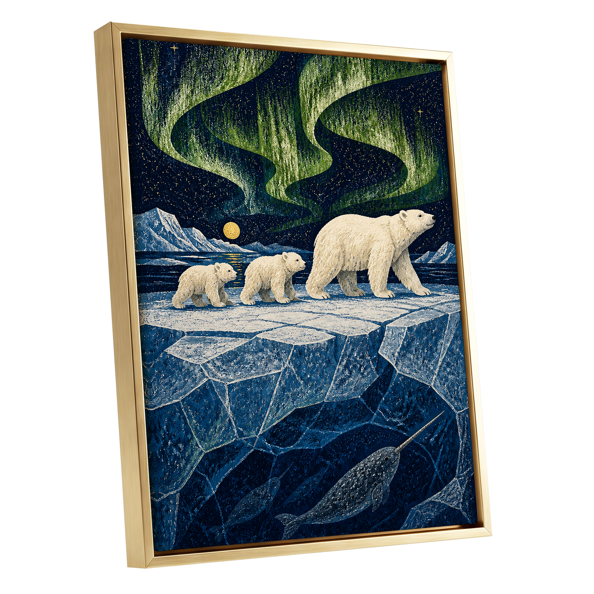 Aurora Icebound, blue, green, white nature wall art shown as a gold framed canvas wall art