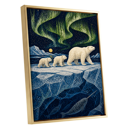 Aurora Icebound, blue, green, white nature wall art shown as a gold framed canvas wall art