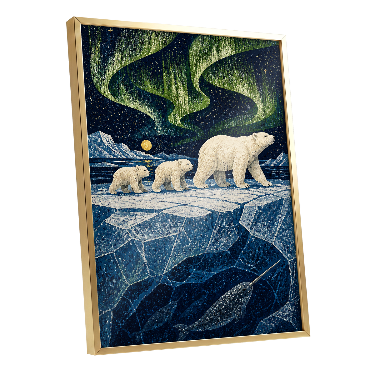 Aurora Icebound, blue, green, white nature wall art shown as a gold framed poster wall art print