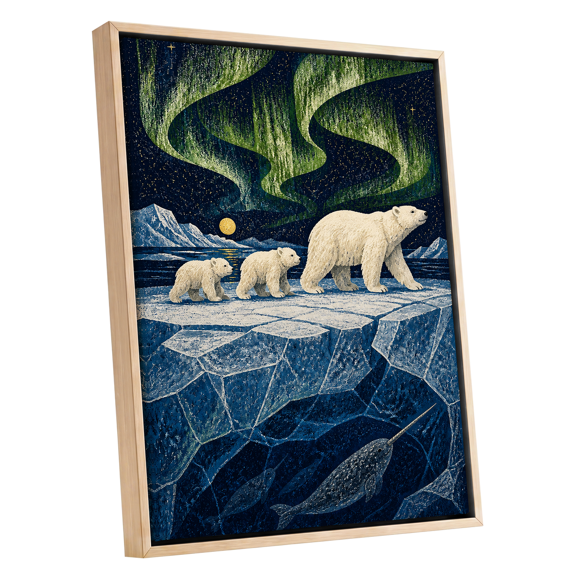 Aurora Icebound, blue, green, white nature wall art shown as a oak framed canvas wall art