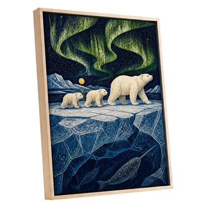 Aurora Icebound, blue, green, white nature wall art shown as a oak framed canvas wall art