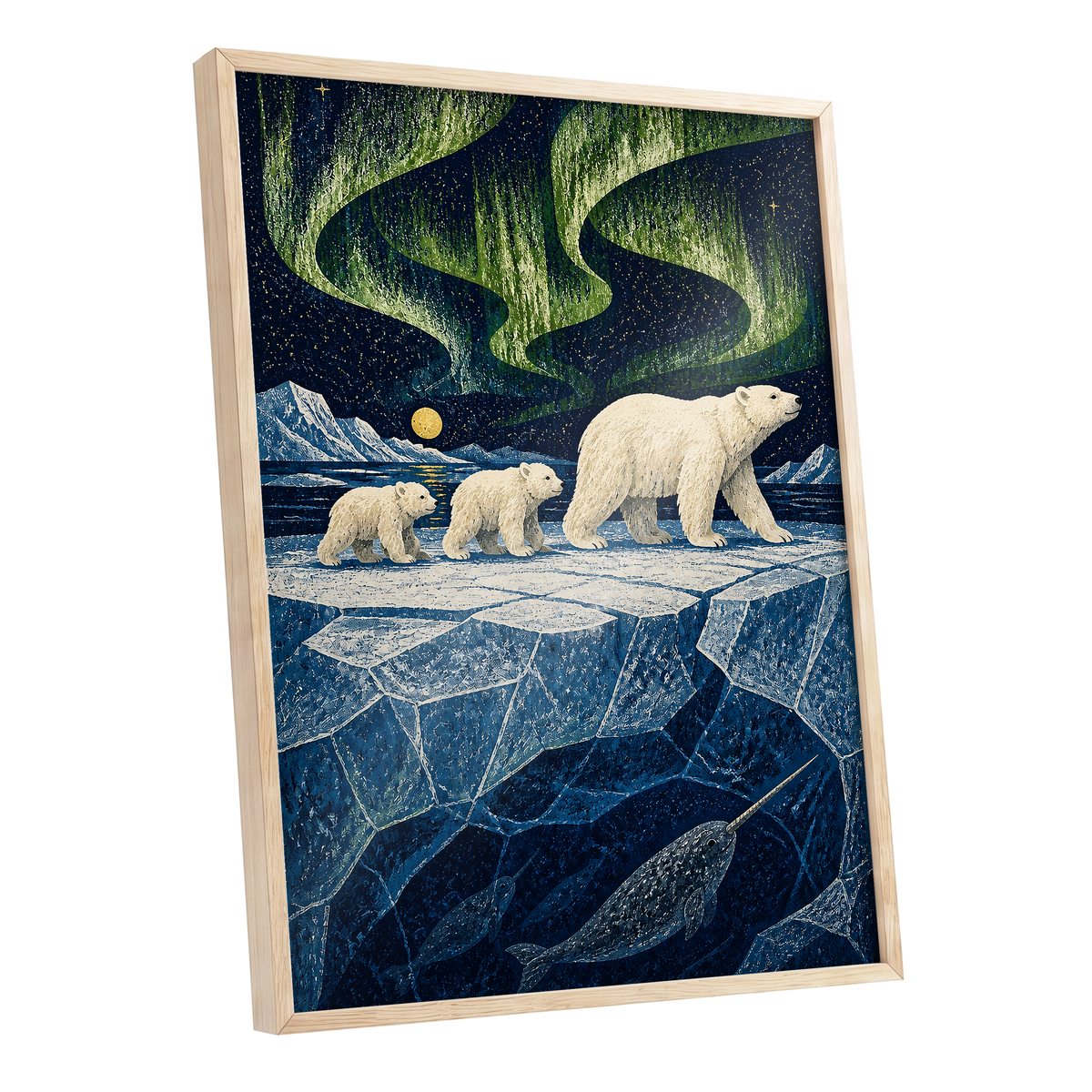 Aurora Icebound, blue, green, white nature wall art shown as a oak framed poster wall art print