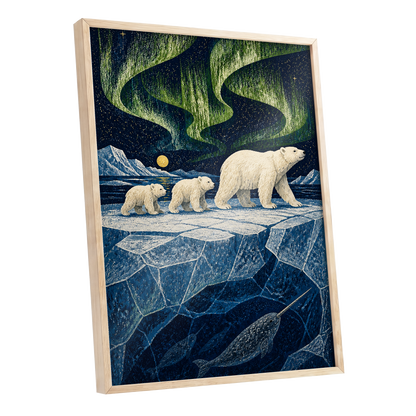 Aurora Icebound, blue, green, white nature wall art shown as a oak framed poster wall art print