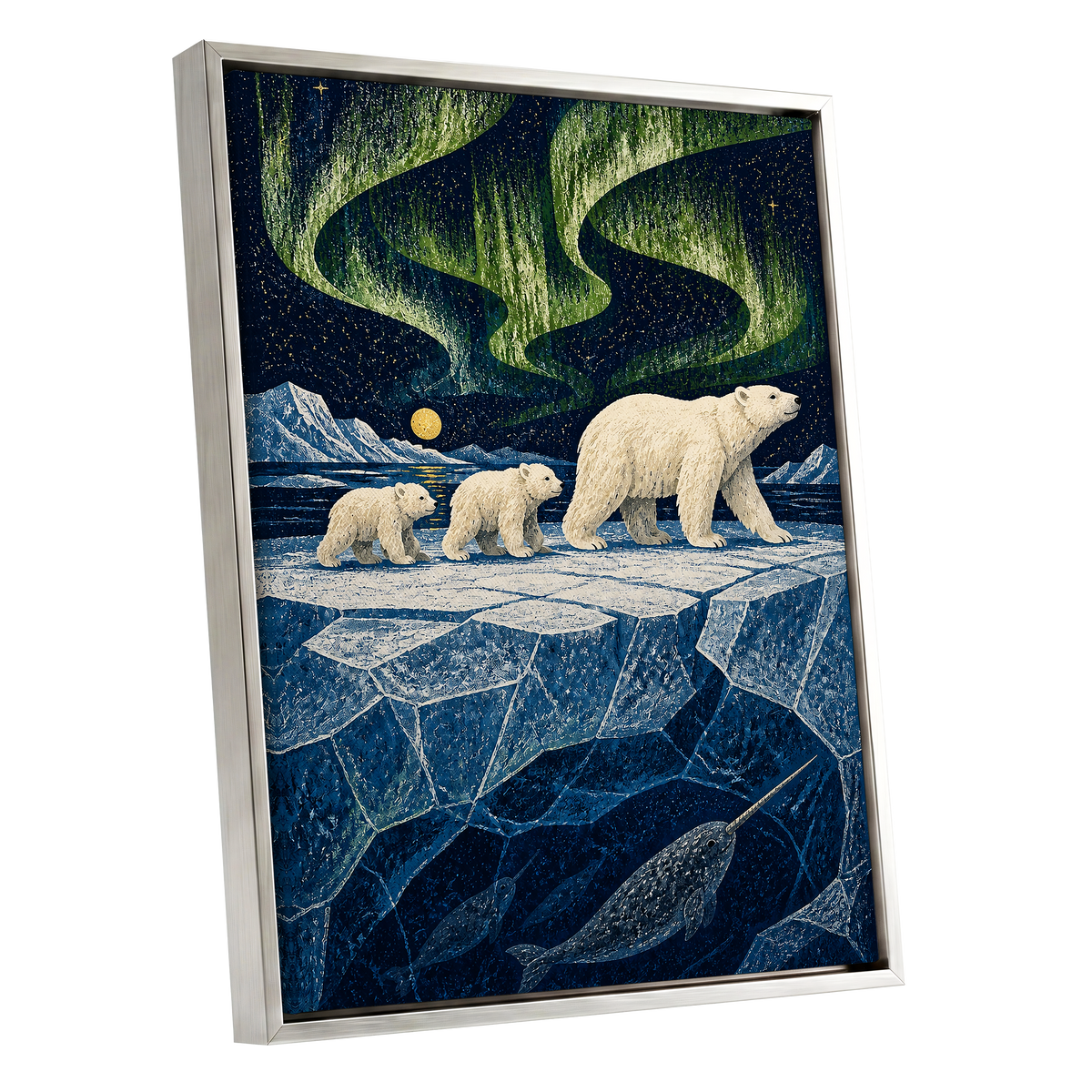 Aurora Icebound, blue, green, white nature wall art shown as a silver framed canvas wall art