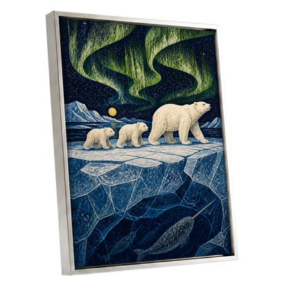 Aurora Icebound, blue, green, white nature wall art shown as a silver framed canvas wall art