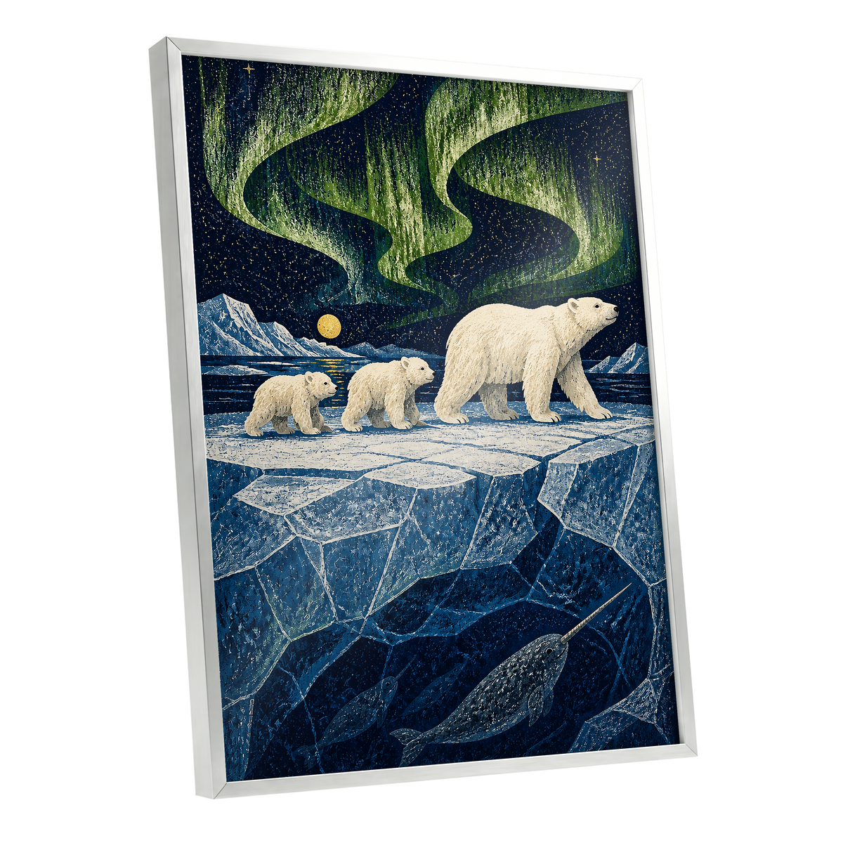 Aurora Icebound, blue, green, white nature wall art shown as a silver framed poster wall art print