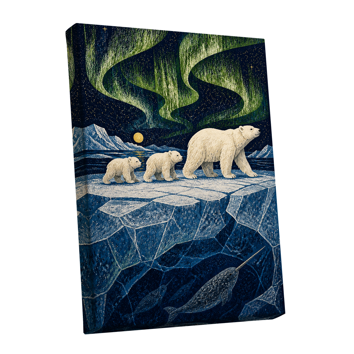 Aurora Icebound, blue, green, white nature wall art shown as a stretched canvas wall art