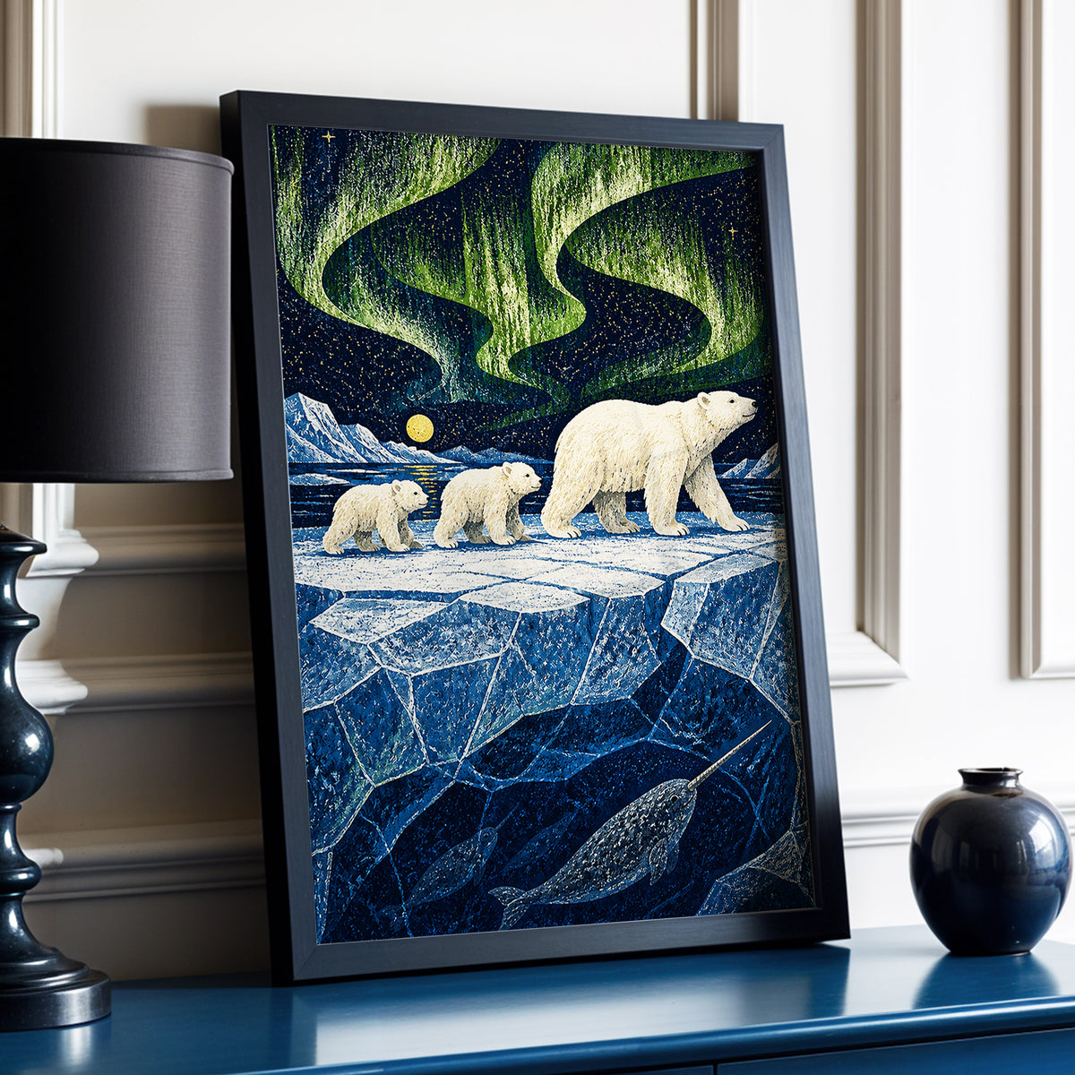 Aurora Icebound, blue, green, white nature wall art displayed in a styled interior, gallery view 2