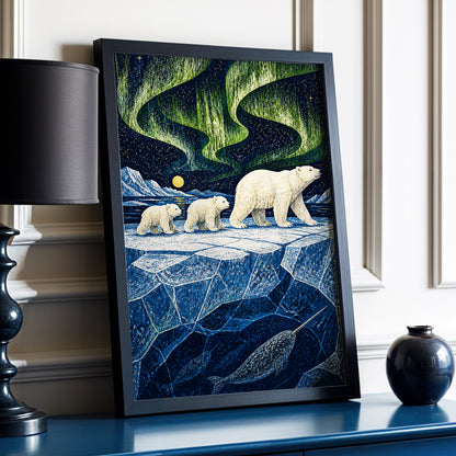 Aurora Icebound, blue, green, white nature wall art displayed in a styled interior, gallery view 2