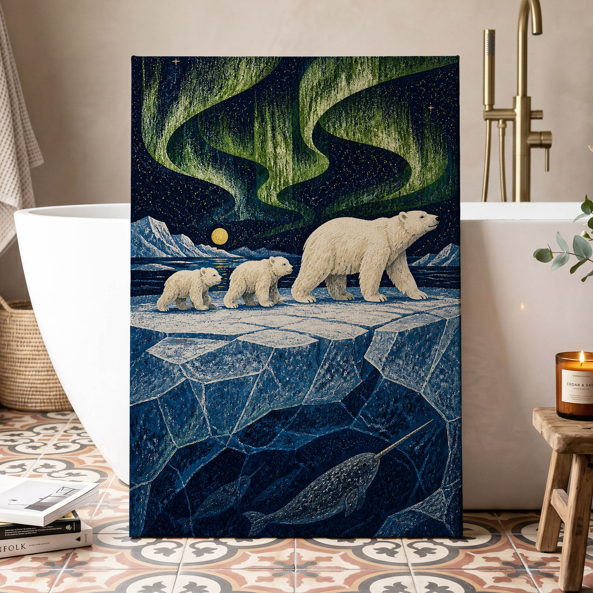 Aurora Icebound, blue, green, white nature wall art displayed in a styled interior, gallery view 3