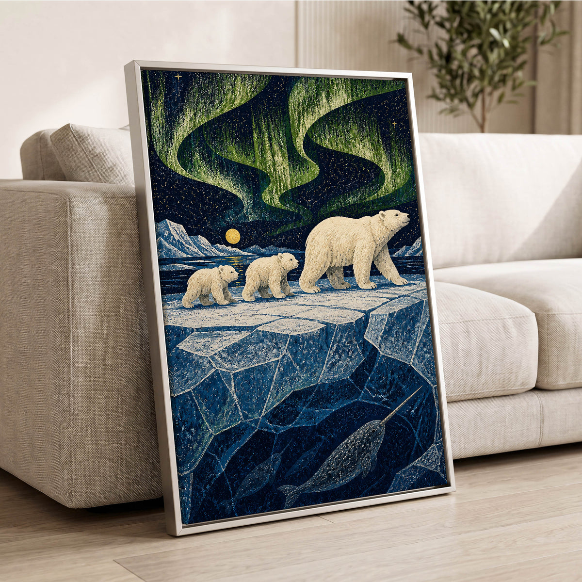 Aurora Icebound, blue, green, white nature wall art displayed in a styled interior, gallery view 4