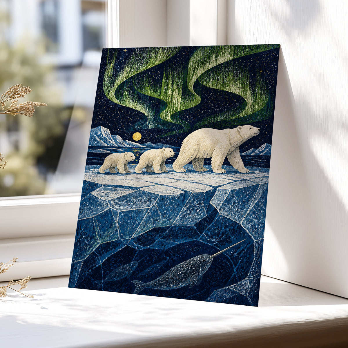 Aurora Icebound, blue, green, white nature wall art displayed in a styled interior, gallery view 5