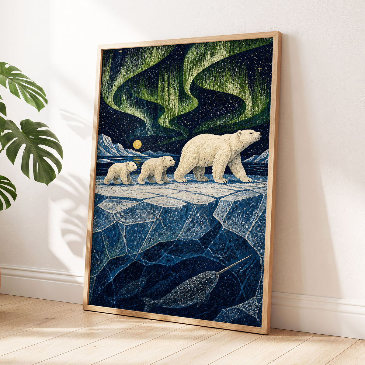 Aurora Icebound, blue, green, white nature wall art displayed in a styled interior, gallery view 6