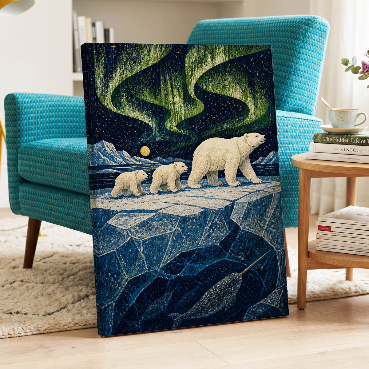 Aurora Icebound, blue, green, white nature wall art displayed in a styled interior, gallery view 7