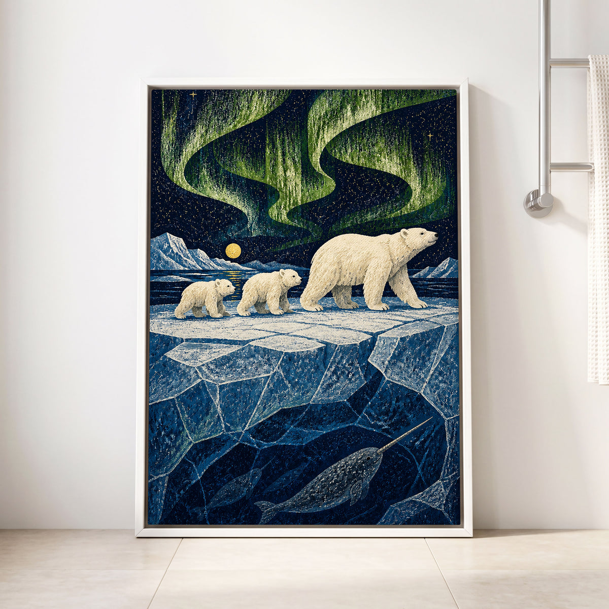 Aurora Icebound, blue, green, white nature wall art displayed in a styled interior, gallery view 8