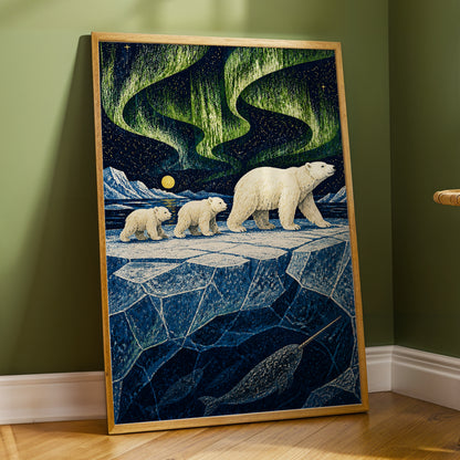 Aurora Icebound, blue, green, white nature wall art displayed in a styled interior, gallery view 9