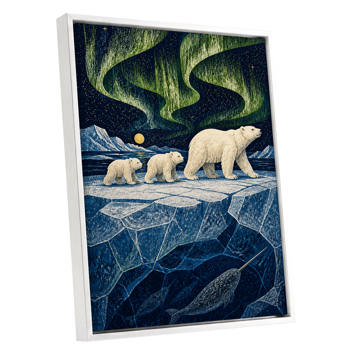 Aurora Icebound, blue, green, white nature wall art shown as a white framed canvas wall art
