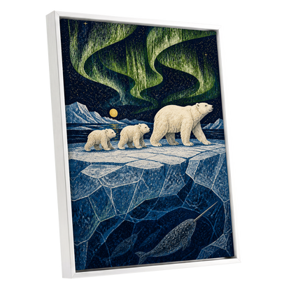 Aurora Icebound, blue, green, white nature wall art shown as a white framed canvas wall art