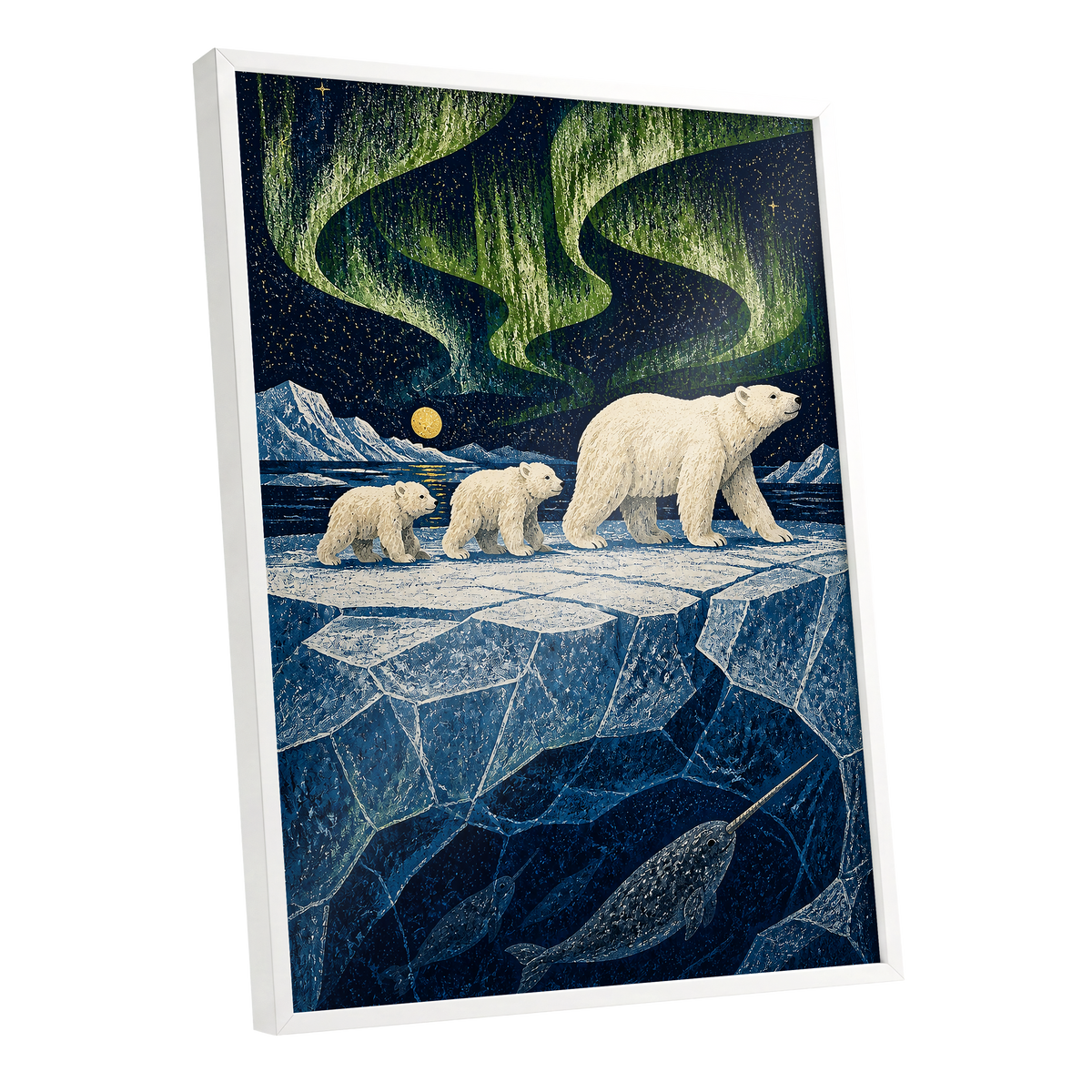 Aurora Icebound, blue, green, white nature wall art shown as a white framed poster wall art print