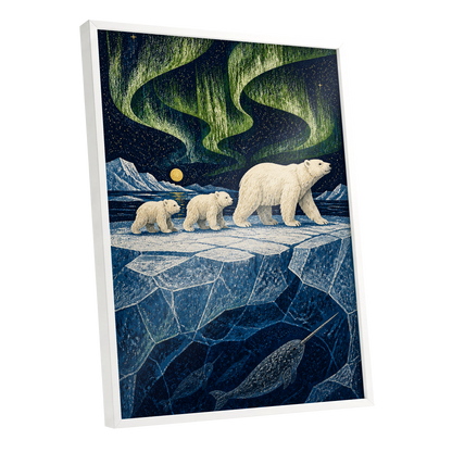 Aurora Icebound, blue, green, white nature wall art shown as a white framed poster wall art print