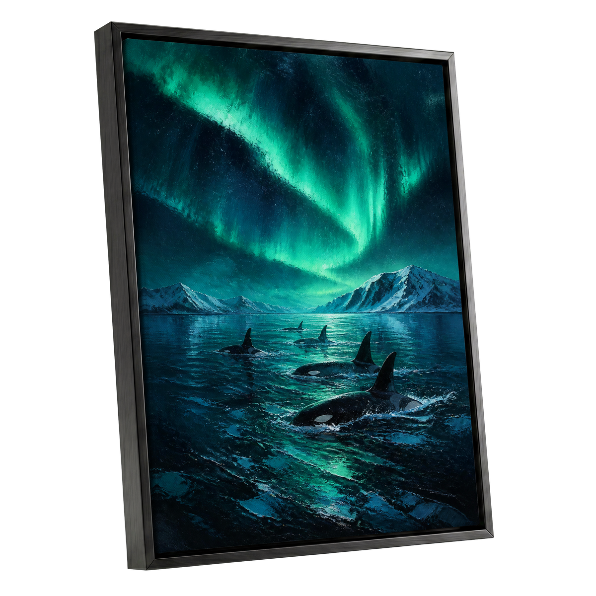 Aurora Orca Passage, green, blue, black nature wall art shown as a black framed canvas wall art