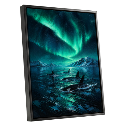 Aurora Orca Passage, green, blue, black nature wall art shown as a black framed canvas wall art