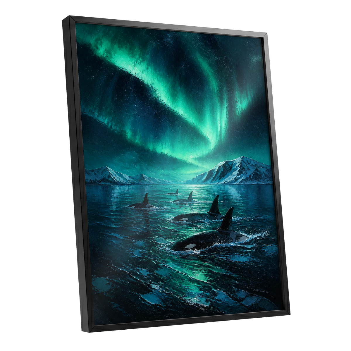 Aurora Orca Passage, green, blue, black nature wall art shown as a black framed poster wall art print