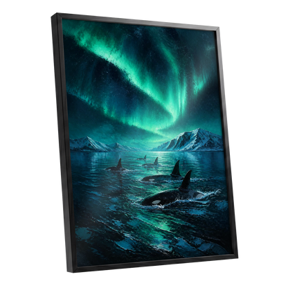 Aurora Orca Passage, green, blue, black nature wall art shown as a black framed poster wall art print