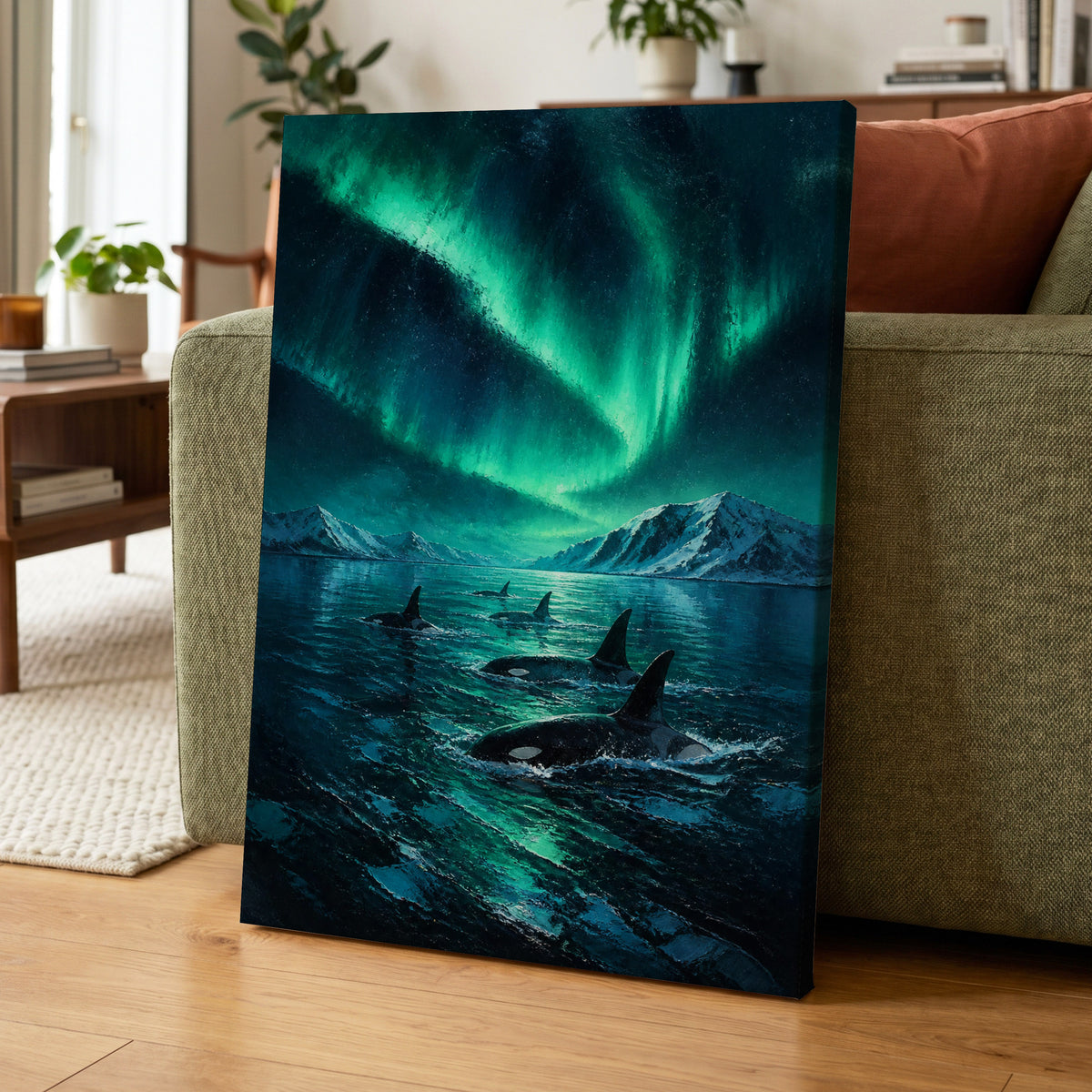 Aurora Orca Passage, green, blue, black nature wall art on canvas displayed in a styled interior, gallery view 1