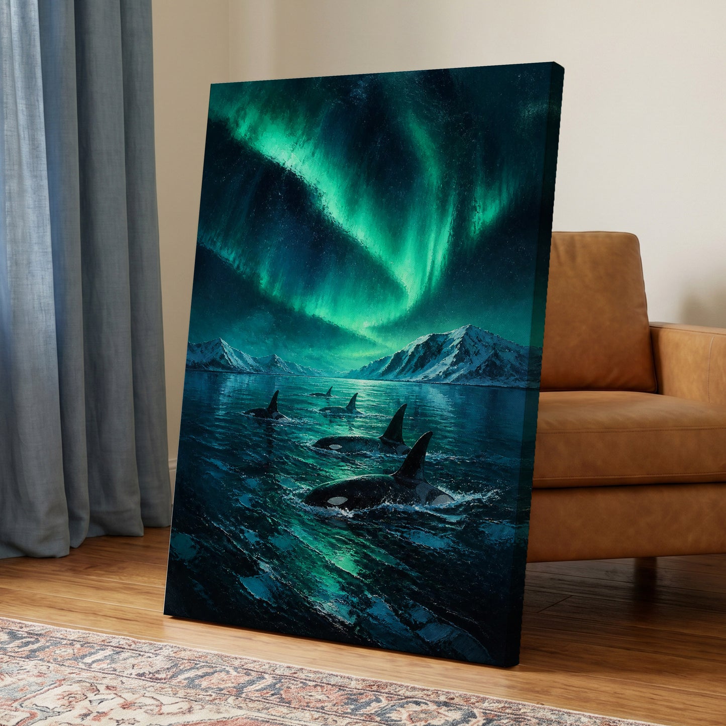Aurora Orca Passage, green, blue, black nature wall art on canvas displayed in a styled interior, gallery view 2