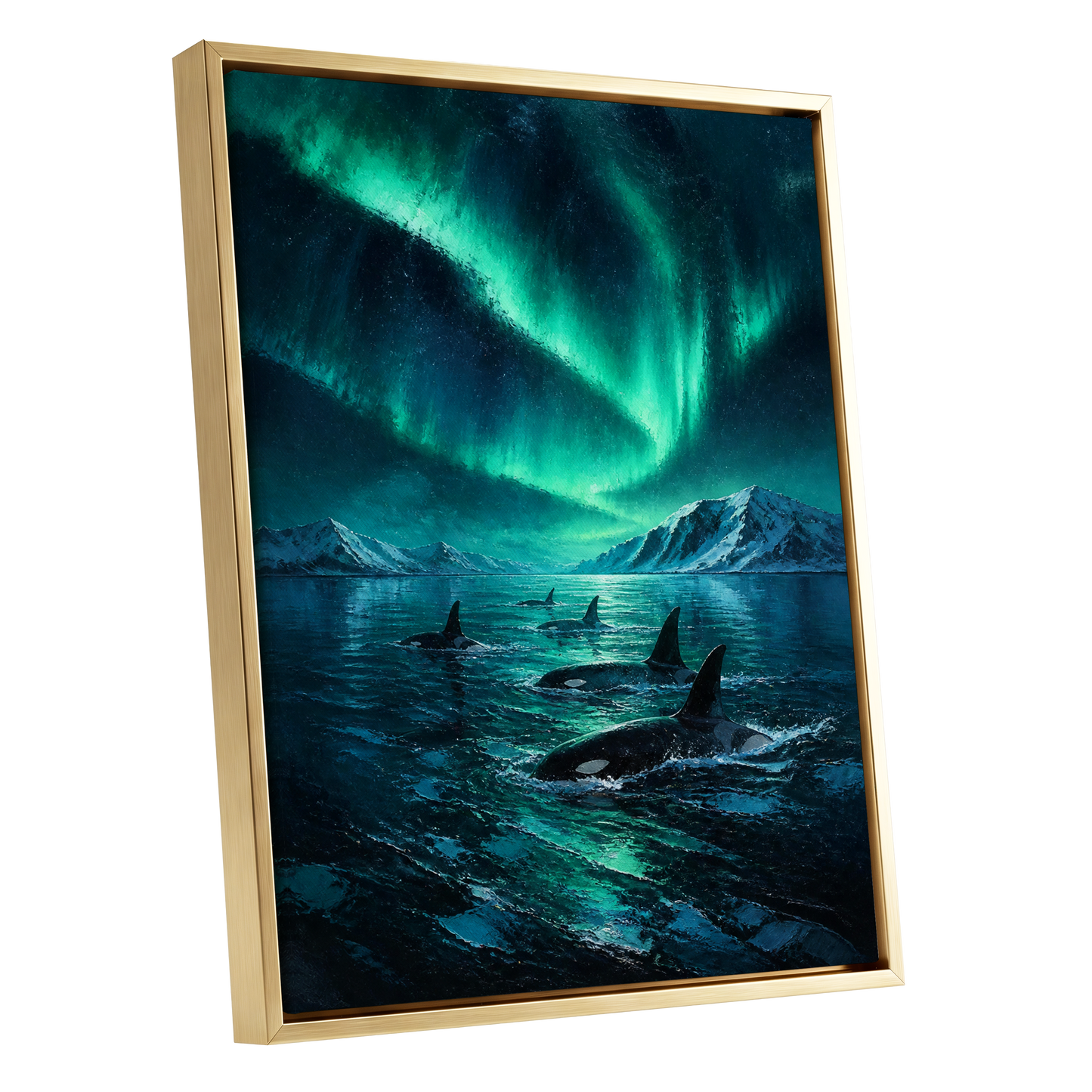 Aurora Orca Passage, green, blue, black nature wall art shown as a gold framed canvas wall art