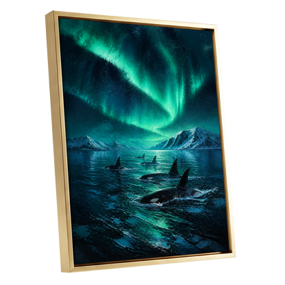 Aurora Orca Passage, green, blue, black nature wall art shown as a gold framed canvas wall art