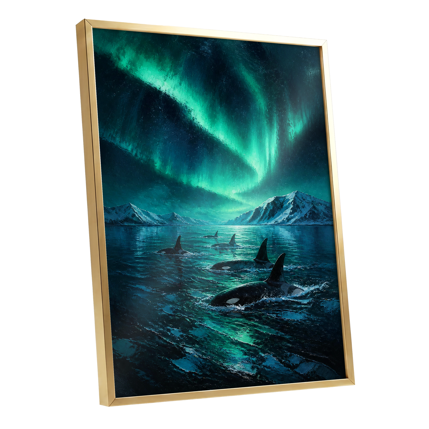 Aurora Orca Passage, green, blue, black nature wall art shown as a gold framed poster wall art print