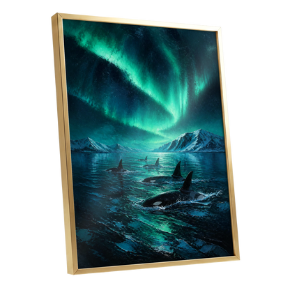Aurora Orca Passage, green, blue, black nature wall art shown as a gold framed poster wall art print