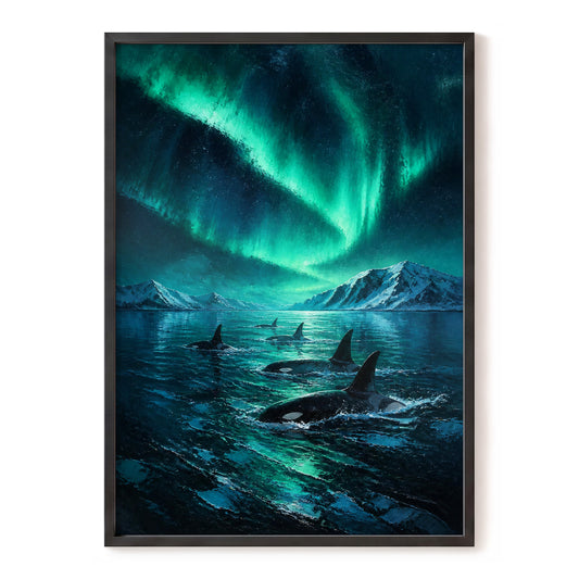 Aurora Orca Passage, green, blue, black nature wall art, front artwork view
